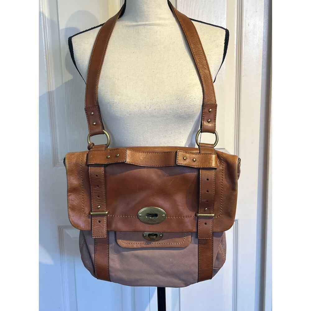 Vintage Fossil Two Tone Brown Leather Messenger Saddle Bag